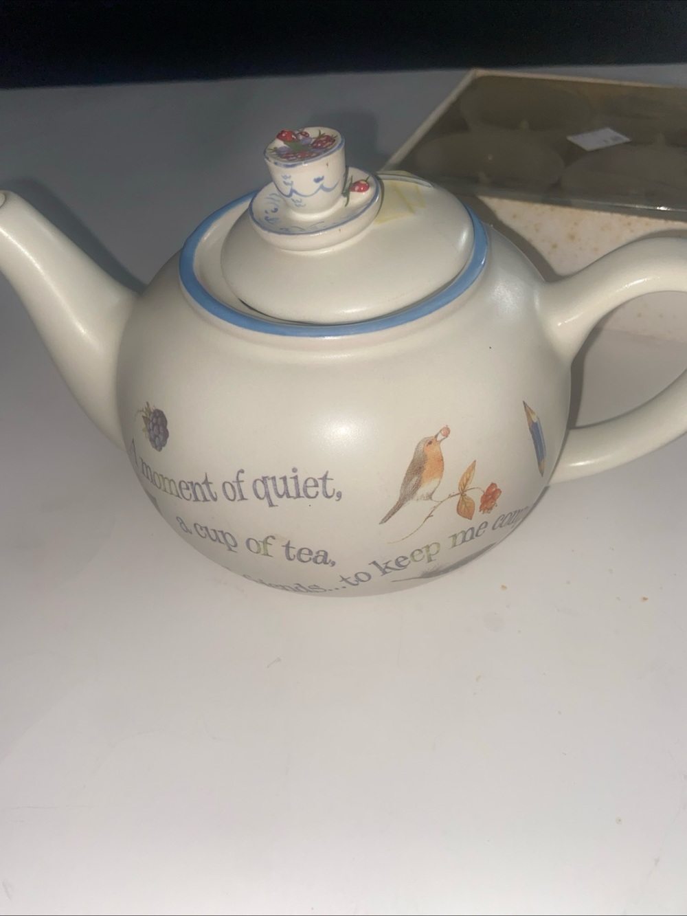 Ceramic Bird Motif Teapot in Cream and Blue